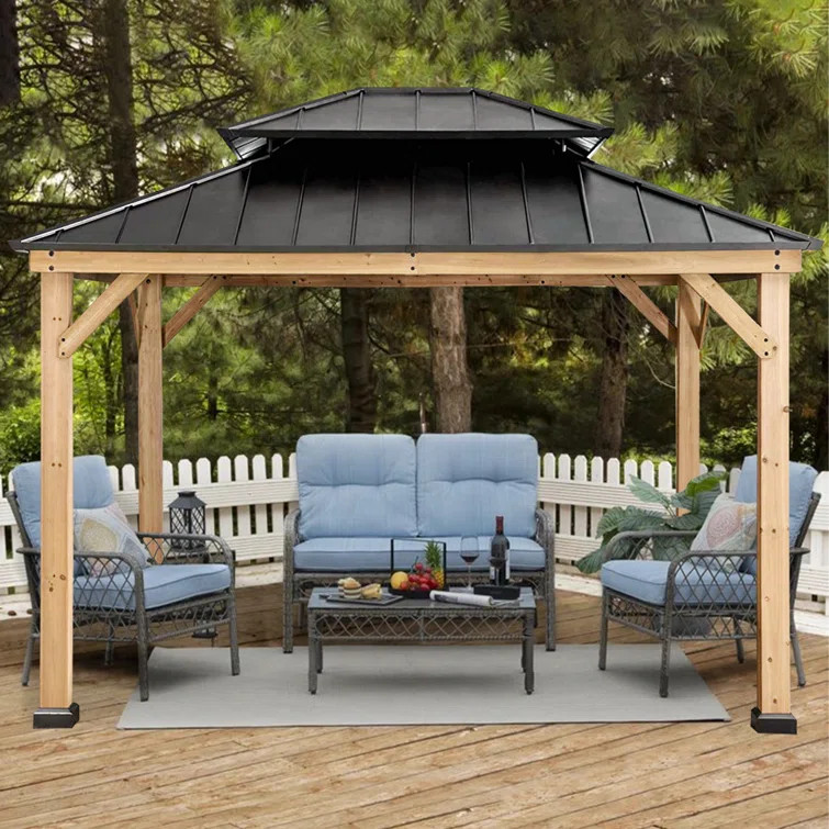 13'x15' Solid Wood Patio Gazebo Garden Gazebos Cedar Frame and Steel Ventilation Hardtop | Wayfair North America