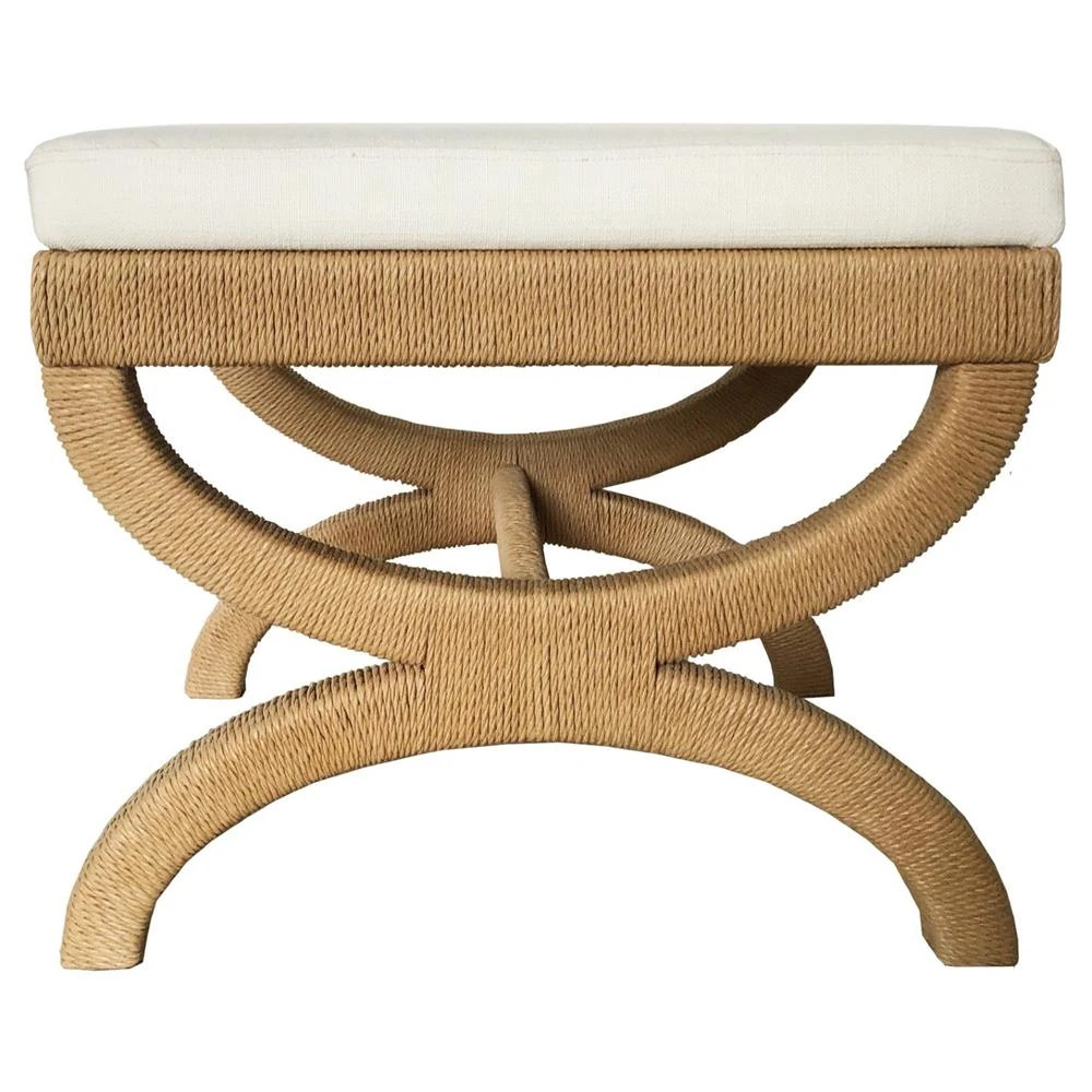Worlds Away Xanadu Coastal Beach White Upholstered Seat Natural Rope Stool | Kathy Kuo Home