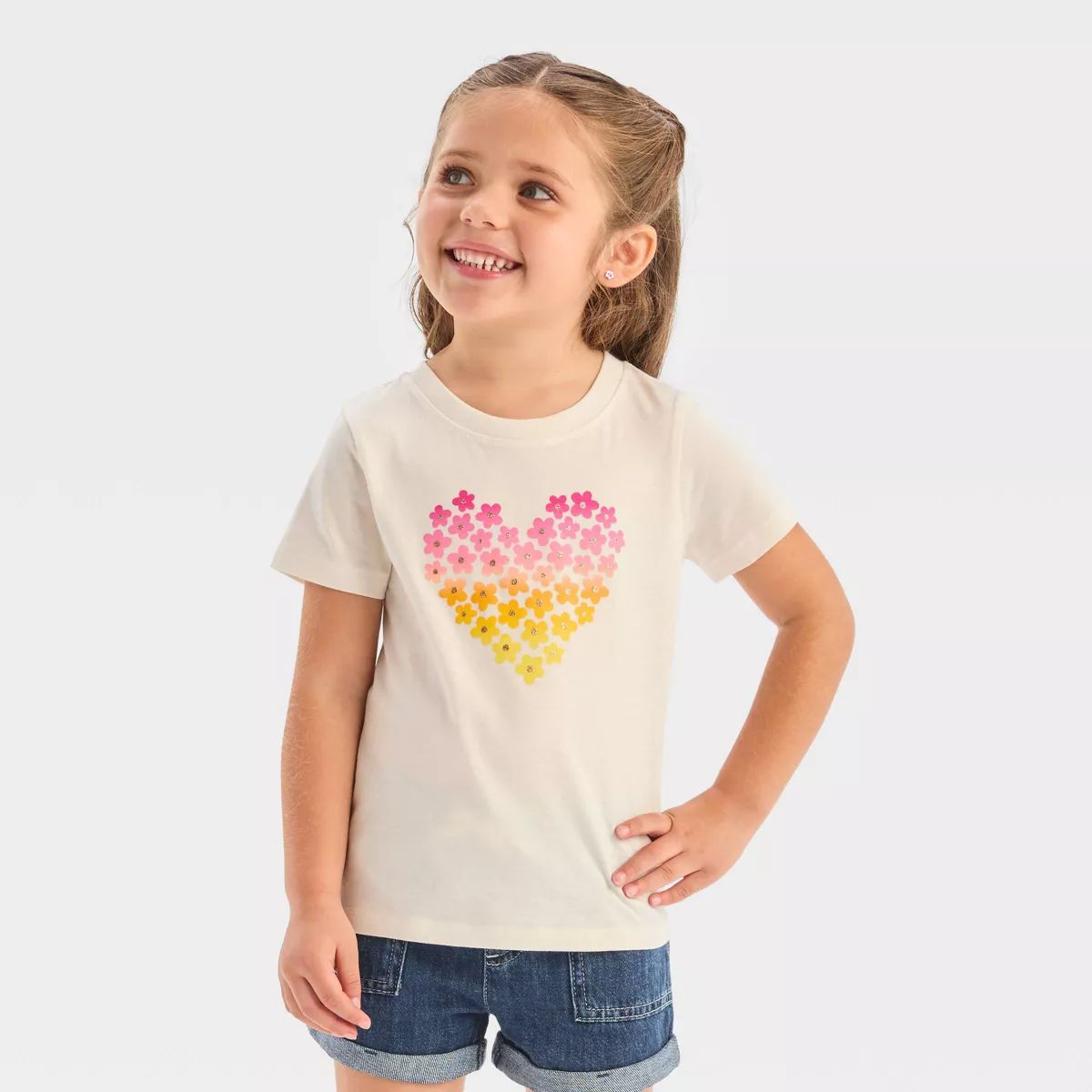 Toddler Girls' Floral Heart Short Sleeve T-Shirt - Cat & Jack™ Cream 3T | Target