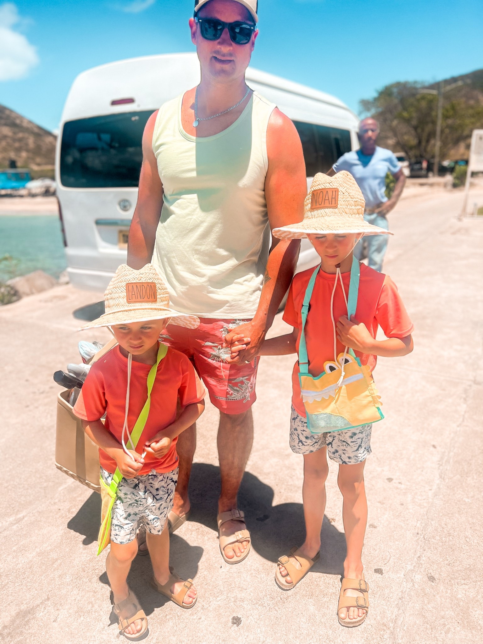 Boys coral short sleeve rash guard top
Boys cream beige dinosaur swim trunks Kids dinosuar seashell bags 
Kids personalized straw beach hat 
Kids brown strap slide on sandals
Mens sage green tank top
Mens coral tropical swim trunks
Mens beige brown plastic sandals 