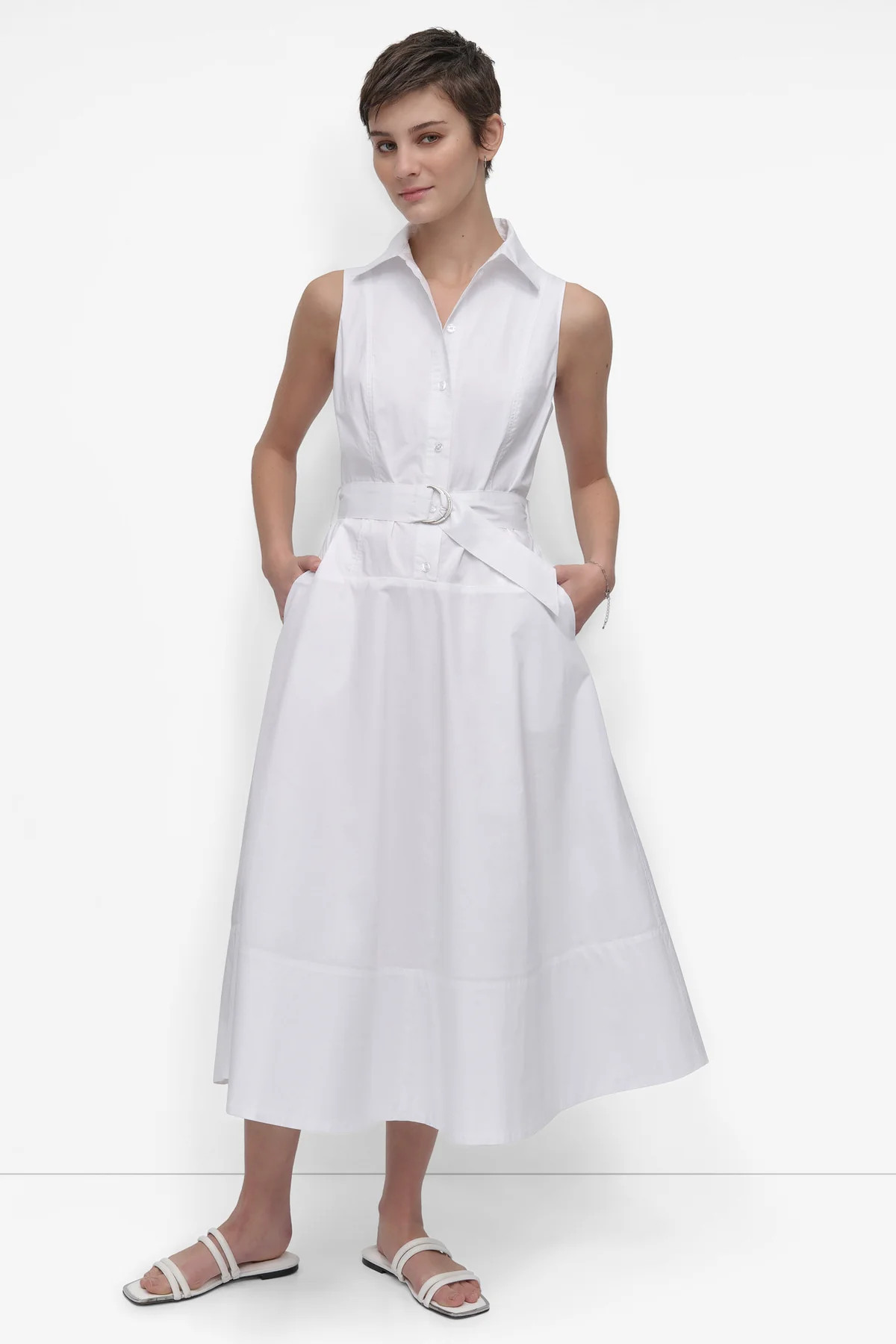 SLEEVELESS BUTTON FRONT POPLIN DRESS WITH SELF BELT | DKNY