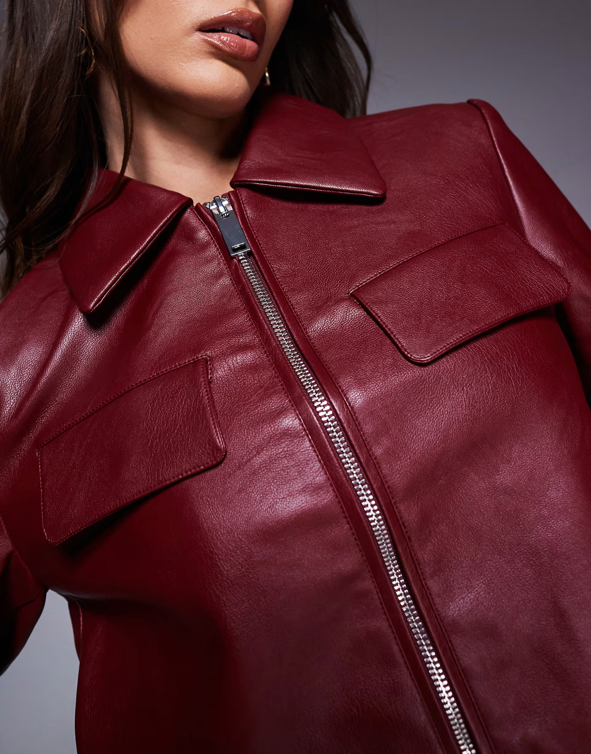 River Island PU cropped bomber jacket in burgundy | ASOS (Global)