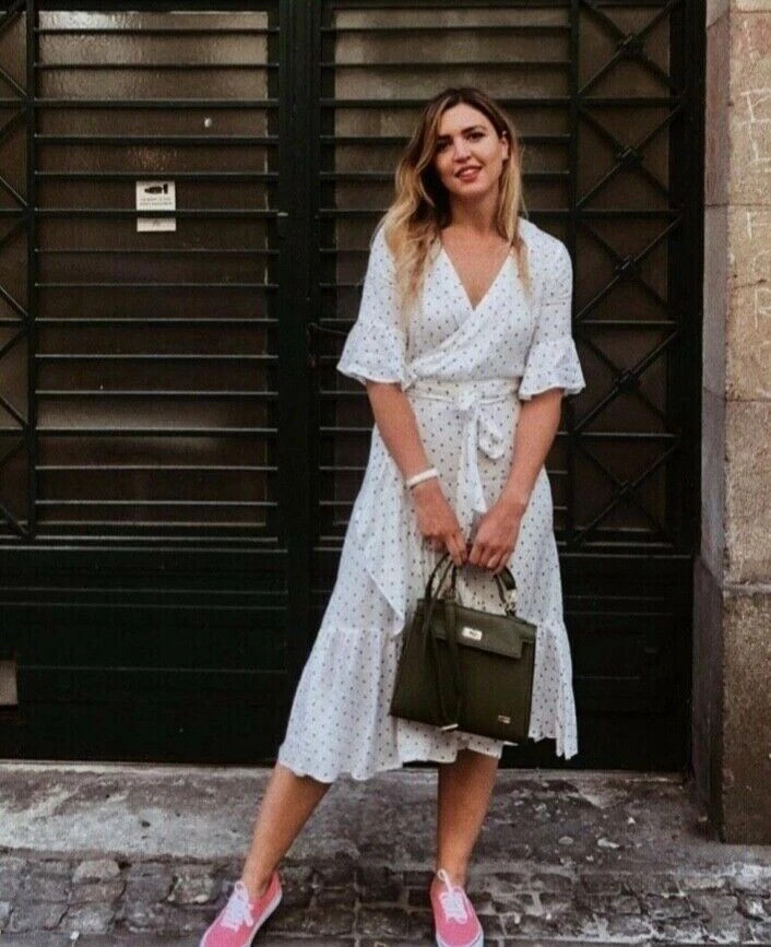 H&M Polka Dot Ivory White Ruffle 3/4 Sleeve Wrap Midi Summer Dress size 6 34 | eBay US