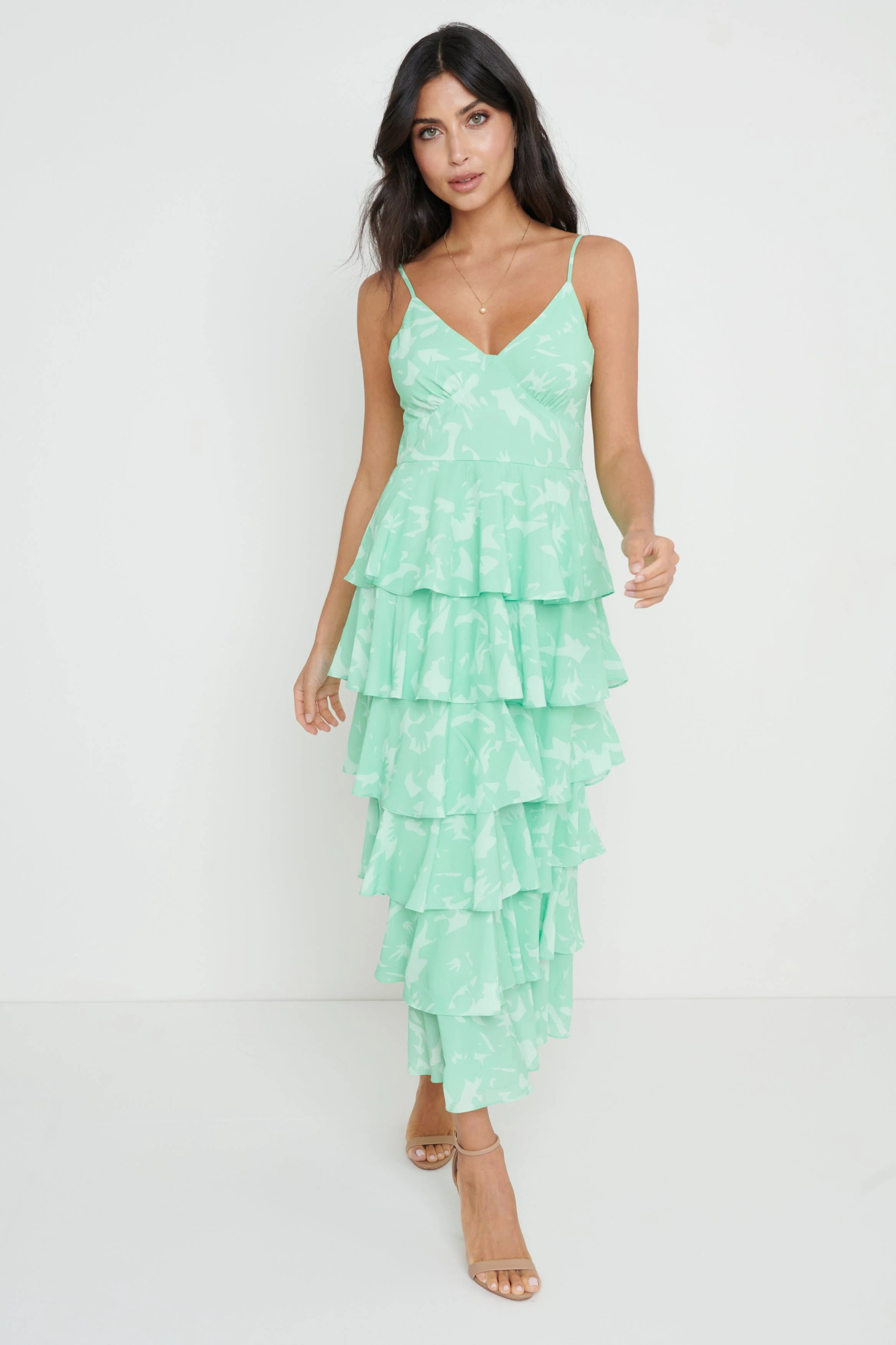 Lissy Ruffle Midaxi Dress - Green Floral | Pretty Lavish (UK)