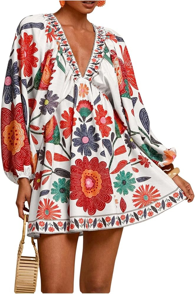 WDIRARA Women's Boho Floral V Neck Short Dress Lantern Sleeve Tie Back Flowy Tropical Dresses | Amazon (US)