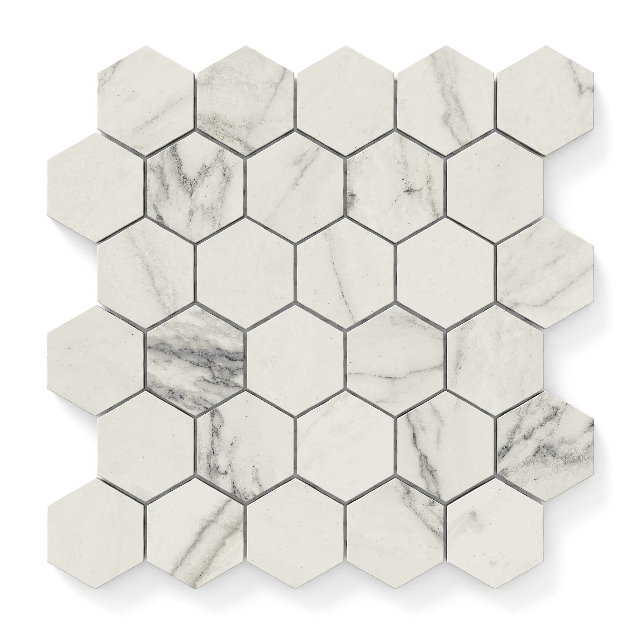Aniston 2x2 Matte Porcelain Hexagon Mosaic Tile in Calacatta Quarzite | Edward Martin