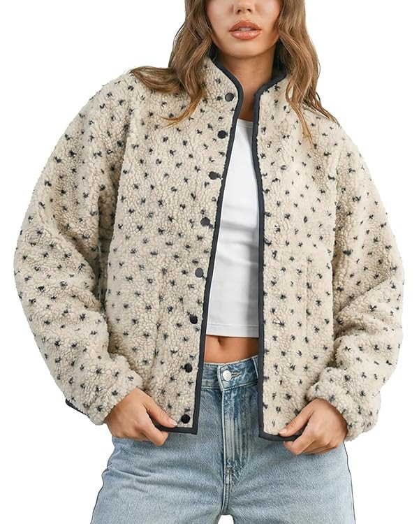 Slouchy Fleece Jacket Women Long Sleeve Button Down High Neck Polka Dot Puffer Jackets Sherpa Ove... | Amazon (US)