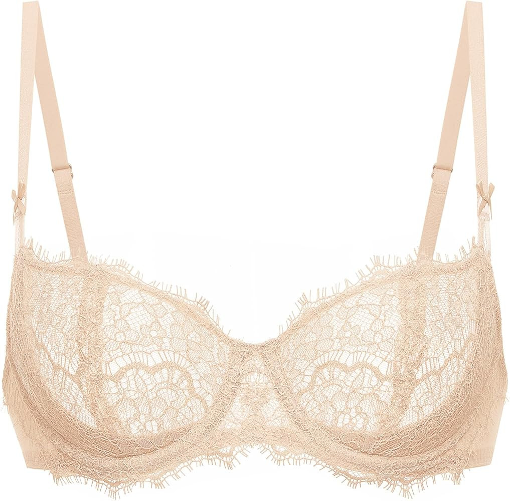 DOBREVA Women's Balconette Sexy Unlined Bra Lace Push Up Plus Size Bras See Through Underwire | Amazon (US)
