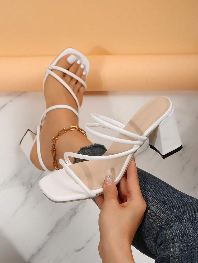 Women Thin Strap Chunky Heeled Mule Sandals, Elegant Summer Heeled Sandals
       
              ... | SHEIN