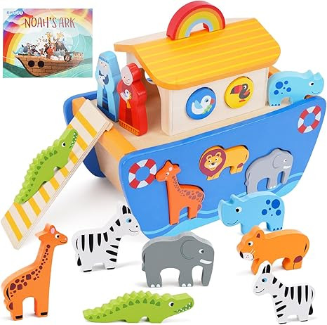 KMTJT Toddlers Wooden Noah's Ark Toy Animal Playset, Baptism Gifts for 1 2 3 Boys Girls, Shape So... | Amazon (US)