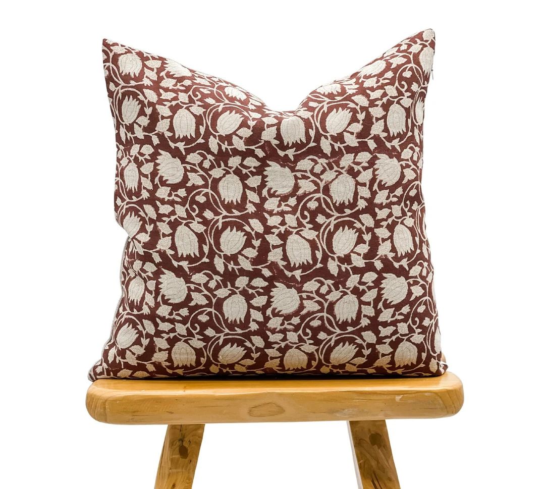 Designer Floral Umber Burgundy on Natural Linen Pillow Cover - Etsy | Etsy (US)