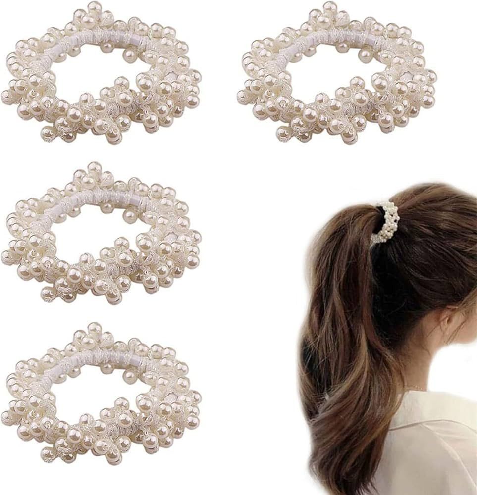 (4 PACK) Pearl Hair Ties White Weave Hair Scrunchies Stretch Hair Rope Accessories for Women and ... | Amazon (US)
