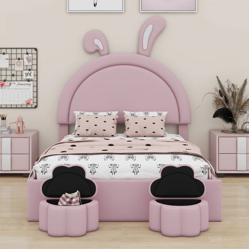 Zoomie Kids Upholstered Rabbit-Shape Bed With Storage Stools And Cartoon Ears Shaped Headboard | ... | Wayfair North America