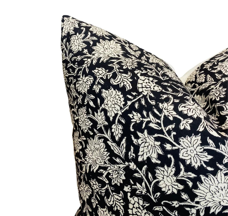 Floral Pillow Cover in Tan on Black, Designer Pillow Covers, Decorative Pillows | Etsy (US)