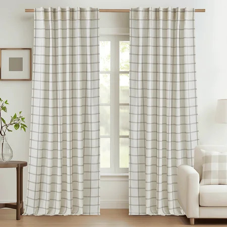 NICETOWN Checkered Curtains Plaid Linen Curtains, White Linen Curtains Semi Sheer Light Filtering Drapes French Country Privacy protection Window Curtains for Farmhouse, 52"x84", 2 Panels | Walmart (US)
