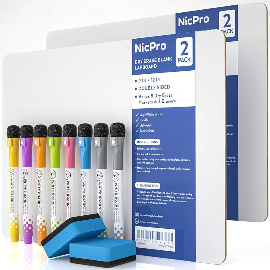 Nicpro Dry Erase Lap Board 9 x 12 inches 2 Pack Kid Double Sided Blank Small Lapboard with 8 Pens... | Amazon (US)