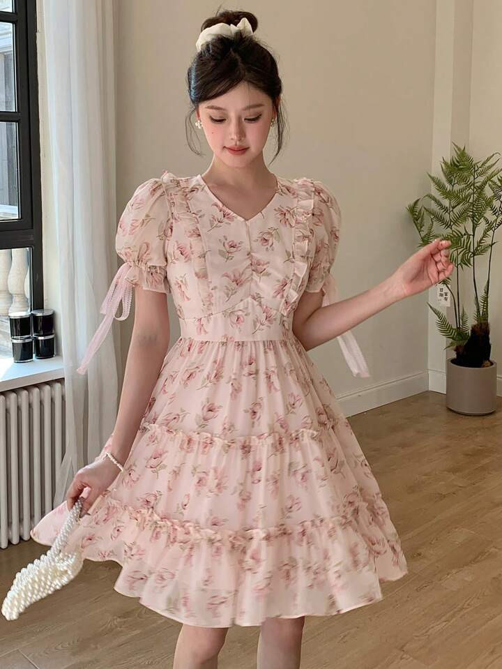 DAZY Allover Floral Print Knot Cuff Ruffle Trim Ruffle Hem Dress | SHEIN