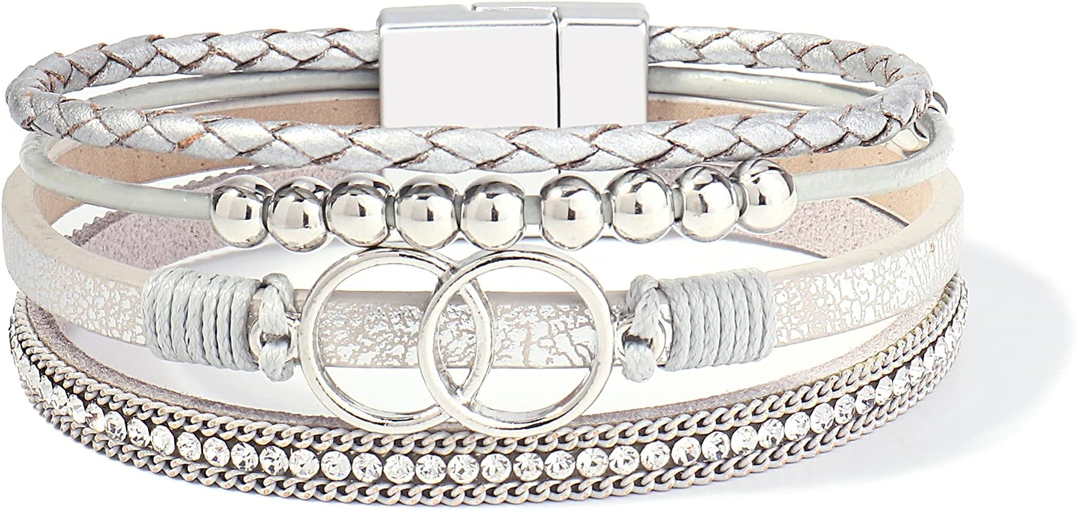 FANCY SHINY Boho Wrap Bracelets Leather Cuff Bangle Gold Beaded Bracelets for Women Stackable Inf... | Amazon (US)