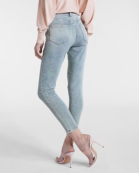 High Waisted Supersoft Knit Button Fly Ripped Skinny Jeans | Express