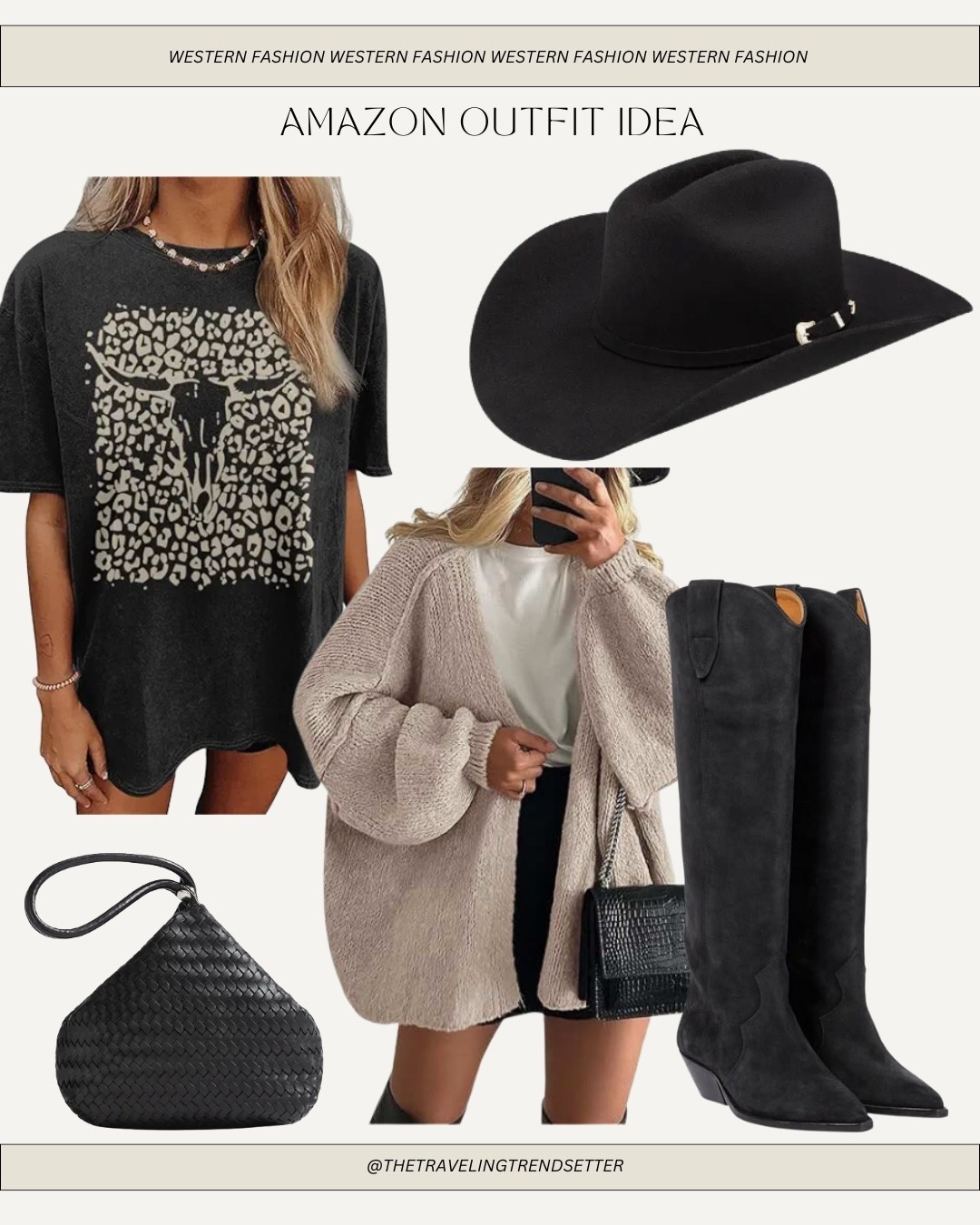 Amazon western fashion - black suede cowgirl boots - black felt cowgirl hat - cardigan - oversized tee shirt - country concert outfit - black leather woven bag 

#LTKStyleTip #LTKFindsUnder100 #LTKFindsUnder50
