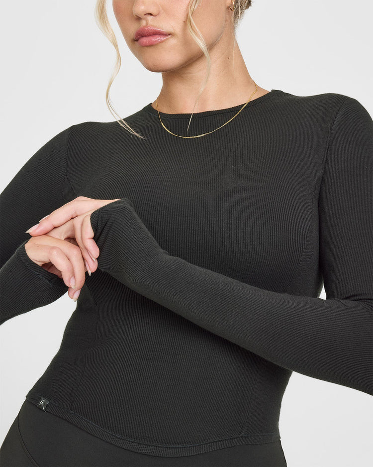 Mellow Rib Mid Long Sleeve Top 
 Soft Black | Oner Active (UK / US)