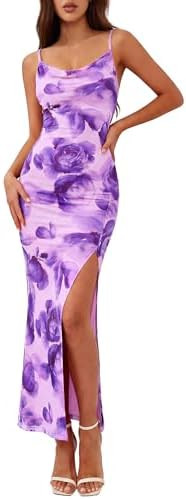 BTFBM Summer Dresses for Women 2026 Bodycon Spaghetti Strap Floral High Split Maxi Cocktail Weddi... | Amazon (US)