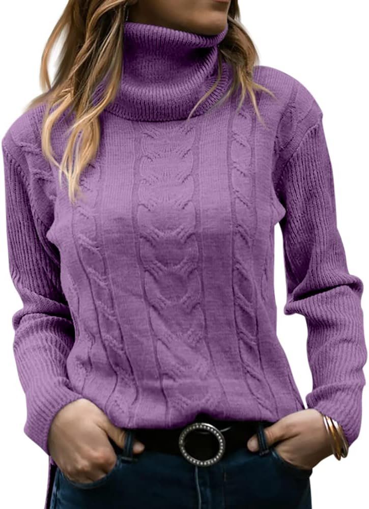 Womens Turtleneck Sweaters Long Sleeve Pullover Cable Knit Sweaters Soft Jumper | Amazon (US)