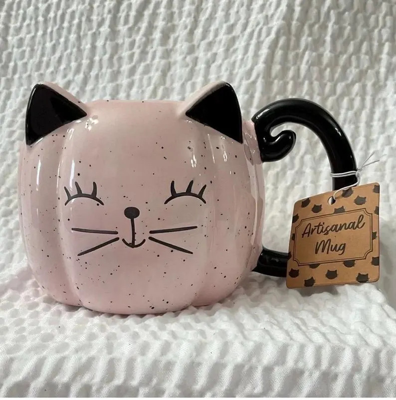 Pastel Pink Pumpkin Smiling Kitty Cat Mug By Eccolo Fall Kitty pumpkin shaped cat Halloween | Etsy (Global)