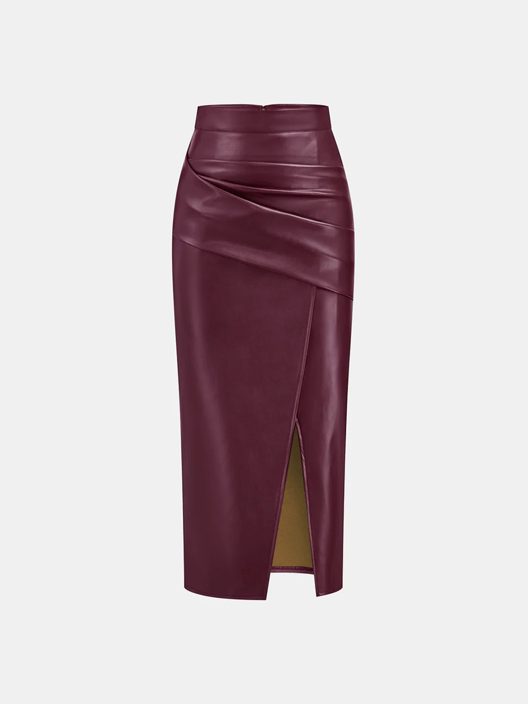 Ruched Slit PU Leather Midi Skirt | Commense