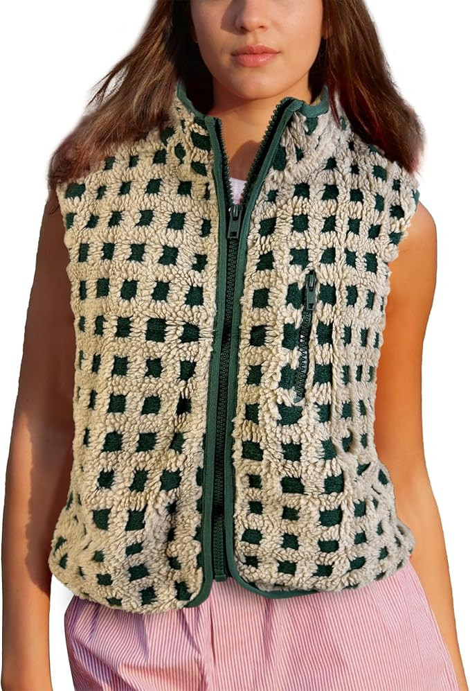Colorful world Womens Checkered Sherpa Vest Fleece Jacket Lightweight Zip Up Sleeveless Crochet P... | Amazon (US)