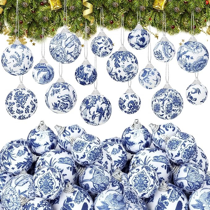Liliful 32 Pcs Christmas Blue and White Chinoiserie Ball Ornaments 1.57/2.36'' Christmas Tree Han... | Amazon (US)
