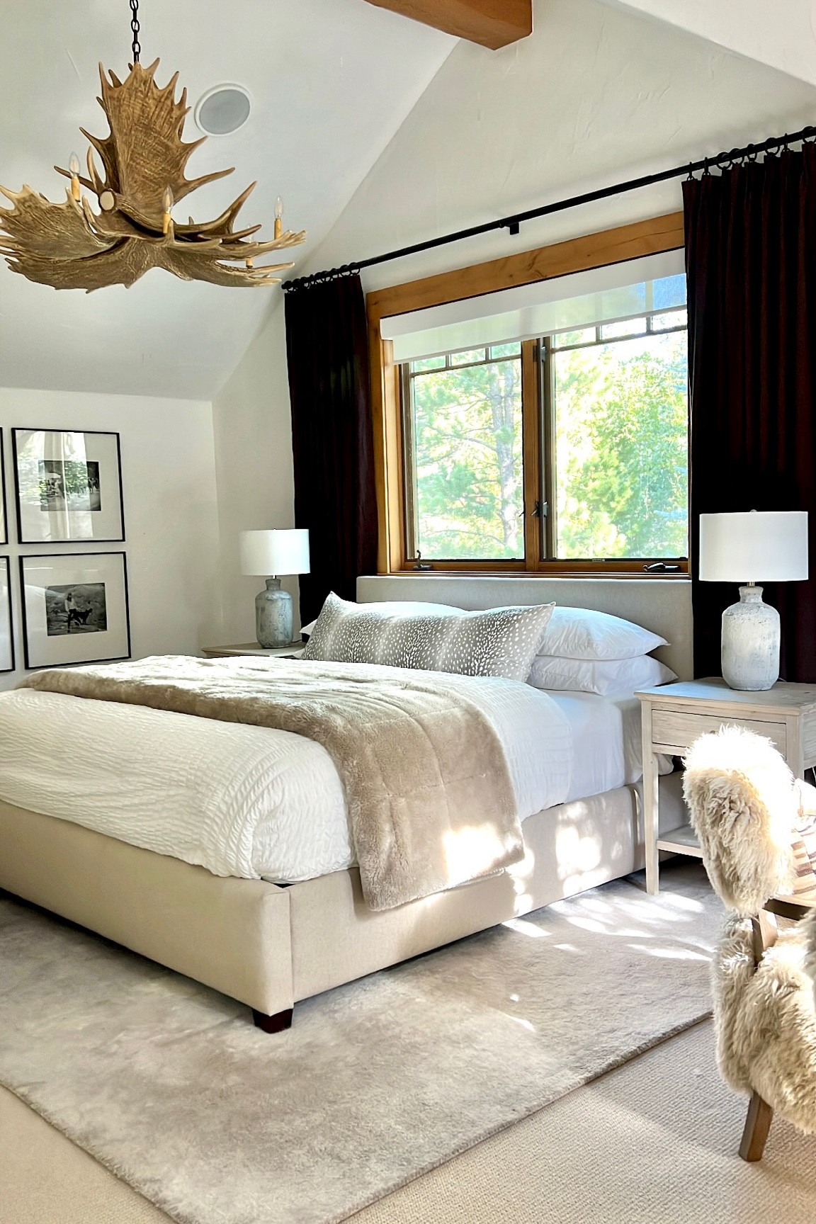 Mountain modern, masculine and feminine primary bedroom, king bed, bedroom rug, nightstands, curtains, table lamps, antelope, bedding, Colorado, fur chair, interior design, home, home decor, bedroom furniture 

#LTKunder100 #LTKtravel #LTKhome