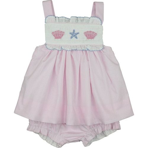 Pink Mini Stripe Smocked Sea Shells Diaper Set | Cecil and Lou