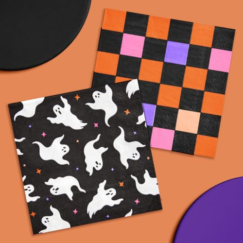 xo, Fetti Halloween Paper Napkins | 50 Pcs - 2 Designs | Ghost Tableware, Checkered Dinnerware, Spooky Decor, Kids Party Supplies | Amazon (US)