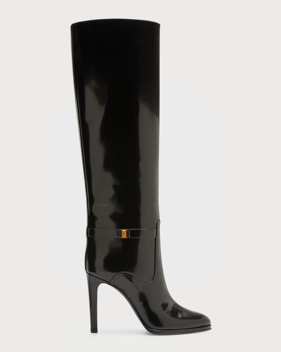 Saint Laurent Linda Patent Buckle Knee Boots | Neiman Marcus