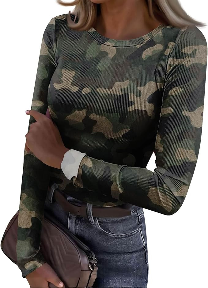 Womens Long Sleeve Stretch Crewneck Ribbed T-Shirt Camo Print Fitted Casual Basic Tee Tops | Amazon (US)