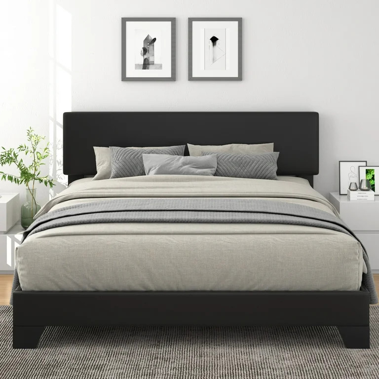 Sifurni King Size Platform Bed Fame with Upholstered Adjustable Leather Headboard, Black | Walmart (US)
