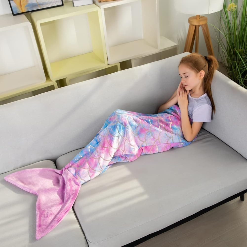 Mermaid Tail Blankets Glittering Wearable Cute Cozy Soft Flannel Rainbow Colorful Mermaid Tail Bl... | Amazon (US)
