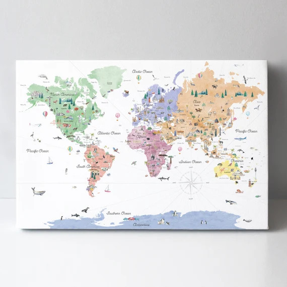 Canvas Multicolor Educational World Map | Travel Wall Art | Kids World Map | Nursery Wall Decor |... | Etsy (US)