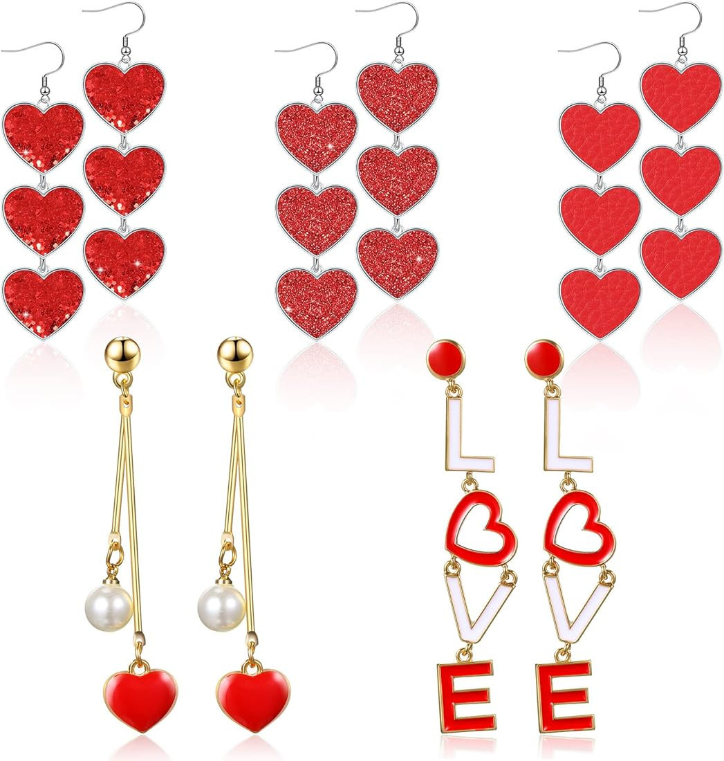5 Pairs Valentine's Day Earrings Red Heart Dangle Drop Earrings Love Heart Earrings for Women Gir... | Amazon (US)