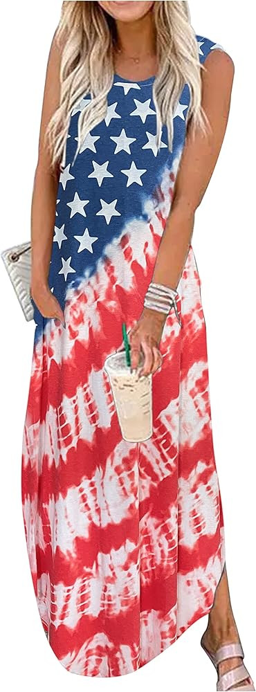 CHUNTIANRAN Maxi Dress for Women Summer Sleeveless Casual Loose Pocket Long Dresses Hawaiian Beach M | Amazon (US)