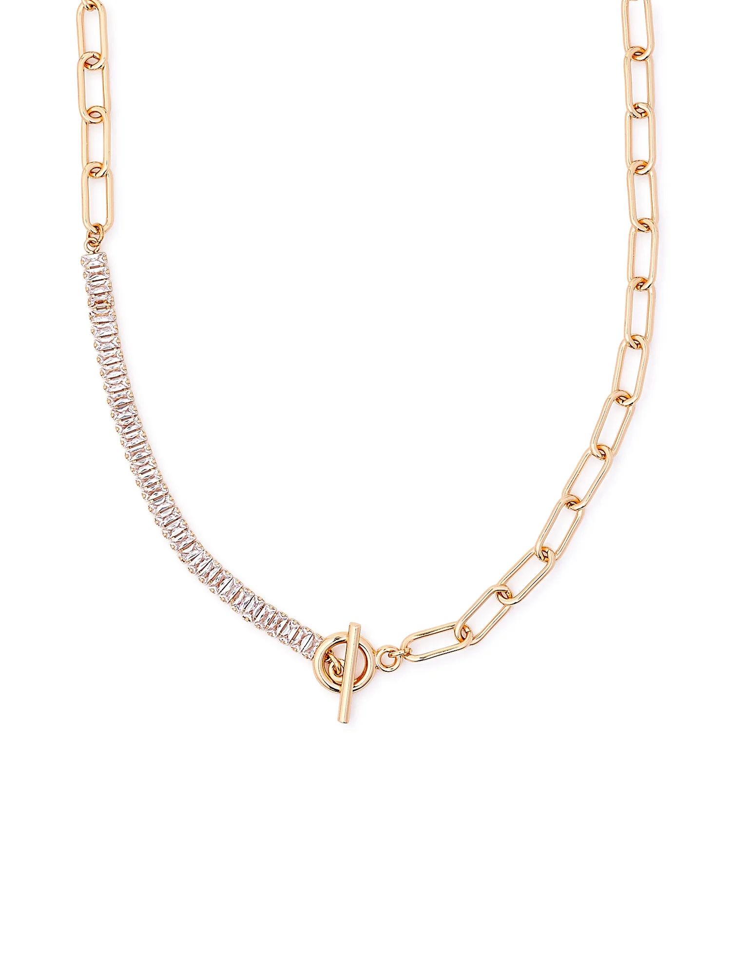 Scoop Women’s 14K Gold Flash-Plated Cubic Zirconia and Link Chain Toggle Necklace - Walmart.com | Walmart (US)