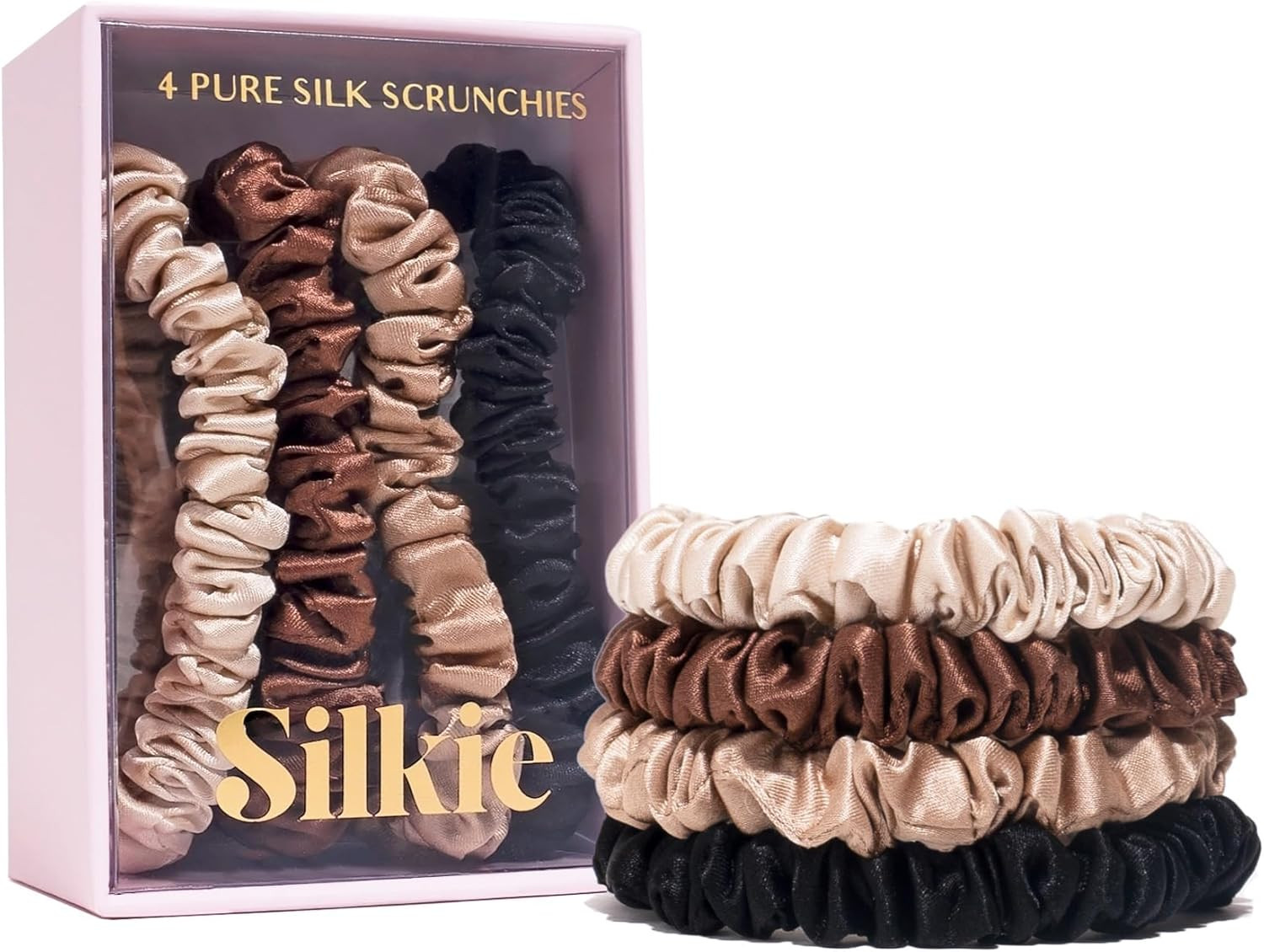 SILKIE x4 Set 100% Pure Mulberry Silk Black Brown Skinny Scrunchies Travel Pouch Everyday Hair Ti... | Amazon (UK)