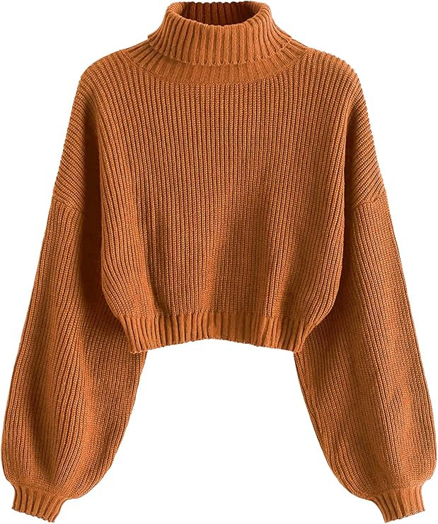 ZAFUL Women's Cropped Turtleneck Sweater Lantern Sleeve Ribbed Knit Pullover Sweater Jumper | Amazon (US)