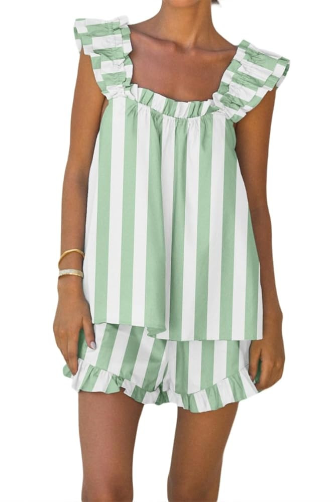 Aopwsrlyi Women's Summer Pajama Set Cute Ruffle Trim Cami Tank Top and Casual Shorts Set 2 Piece ... | Amazon (US)