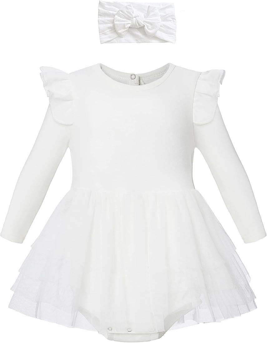 Organic Cotton Baby Girl Ruffle Romper Summer Dress Tulle Dress with Headband Outfit Set | Amazon (US)