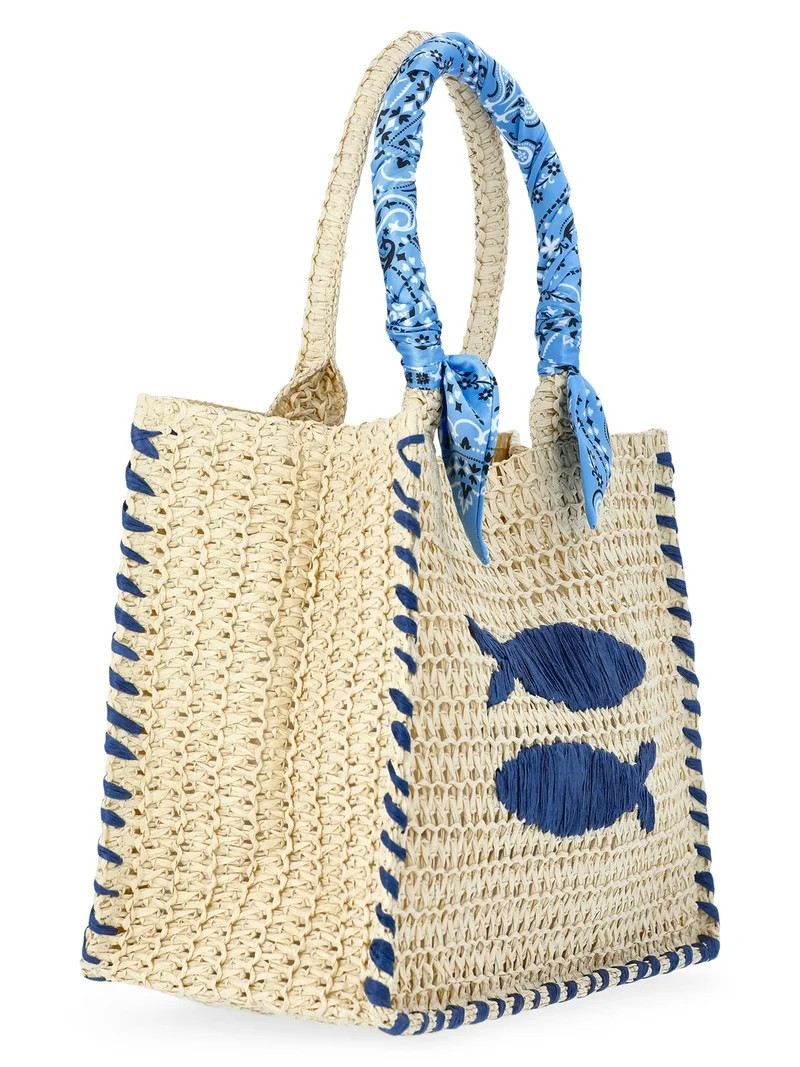 No Boundaries Women's Beach Icons Mini Straw Tote Bag, Light Natural with Fish Embroidery | Walmart (US)