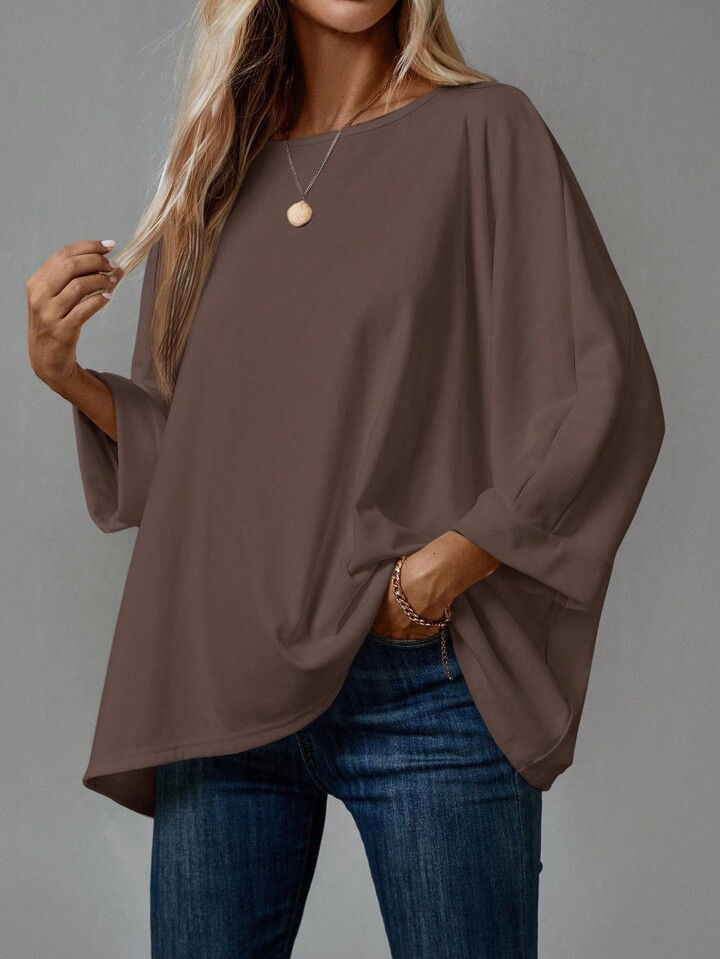 EMERY ROSE 1pc Women's Solid Color Round Neck Long Sleeve Casual T-Shirt | SHEIN