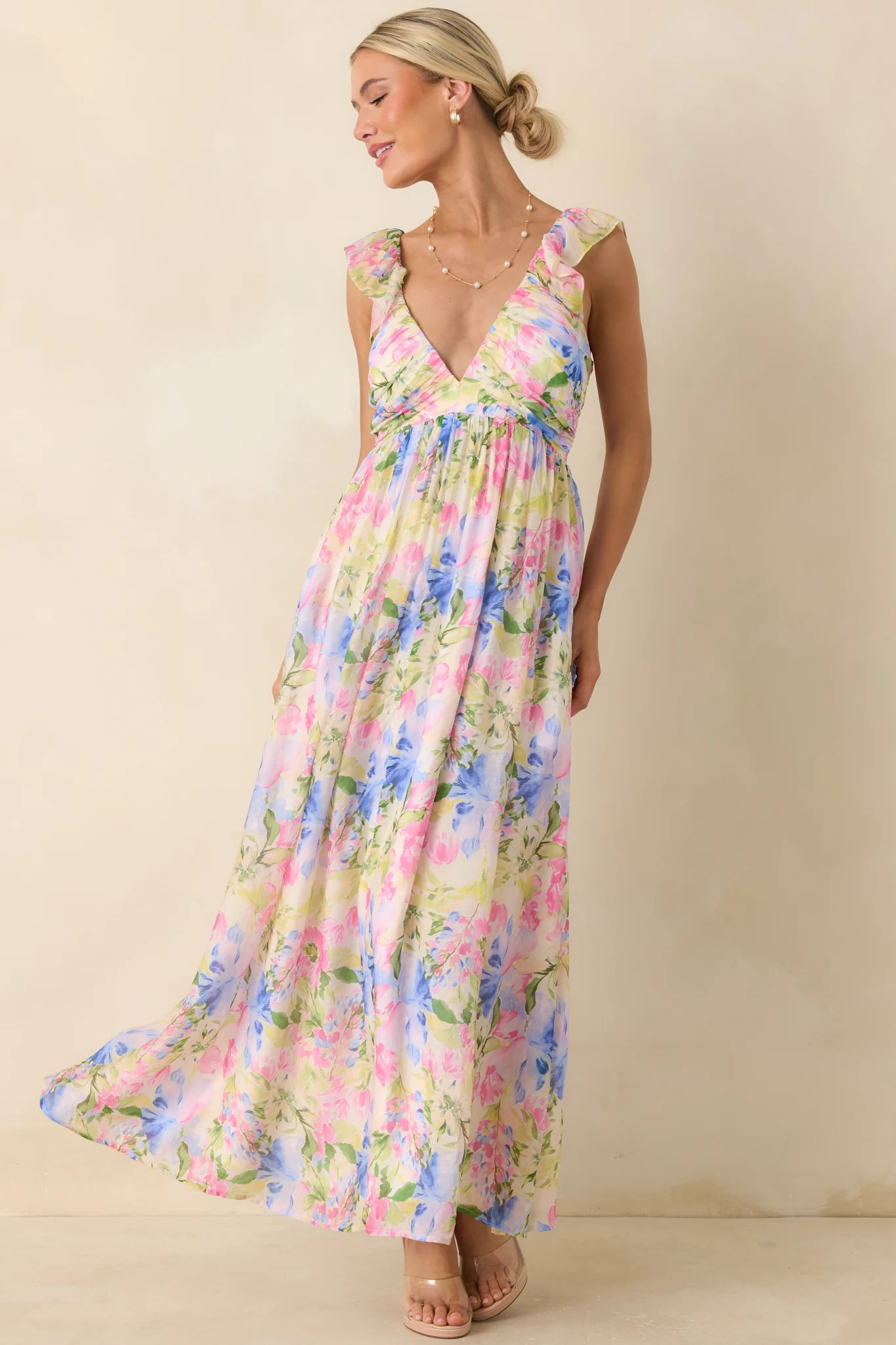 MINKPINK Celina Multi Watercolor Floral Ruffle Maxi Dress | Red Dress