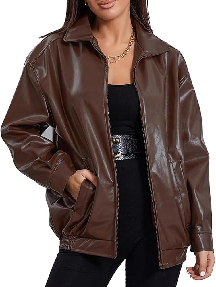 Women Leather Bomber Jacket Oversized Zip Up Faux Leather Jacket Vintage Coat Fall Fashion 2023 | Amazon (US)